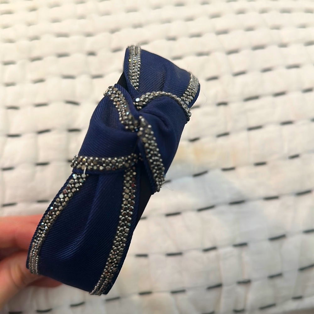 Navy headband with gunmetal rhinestone detailing